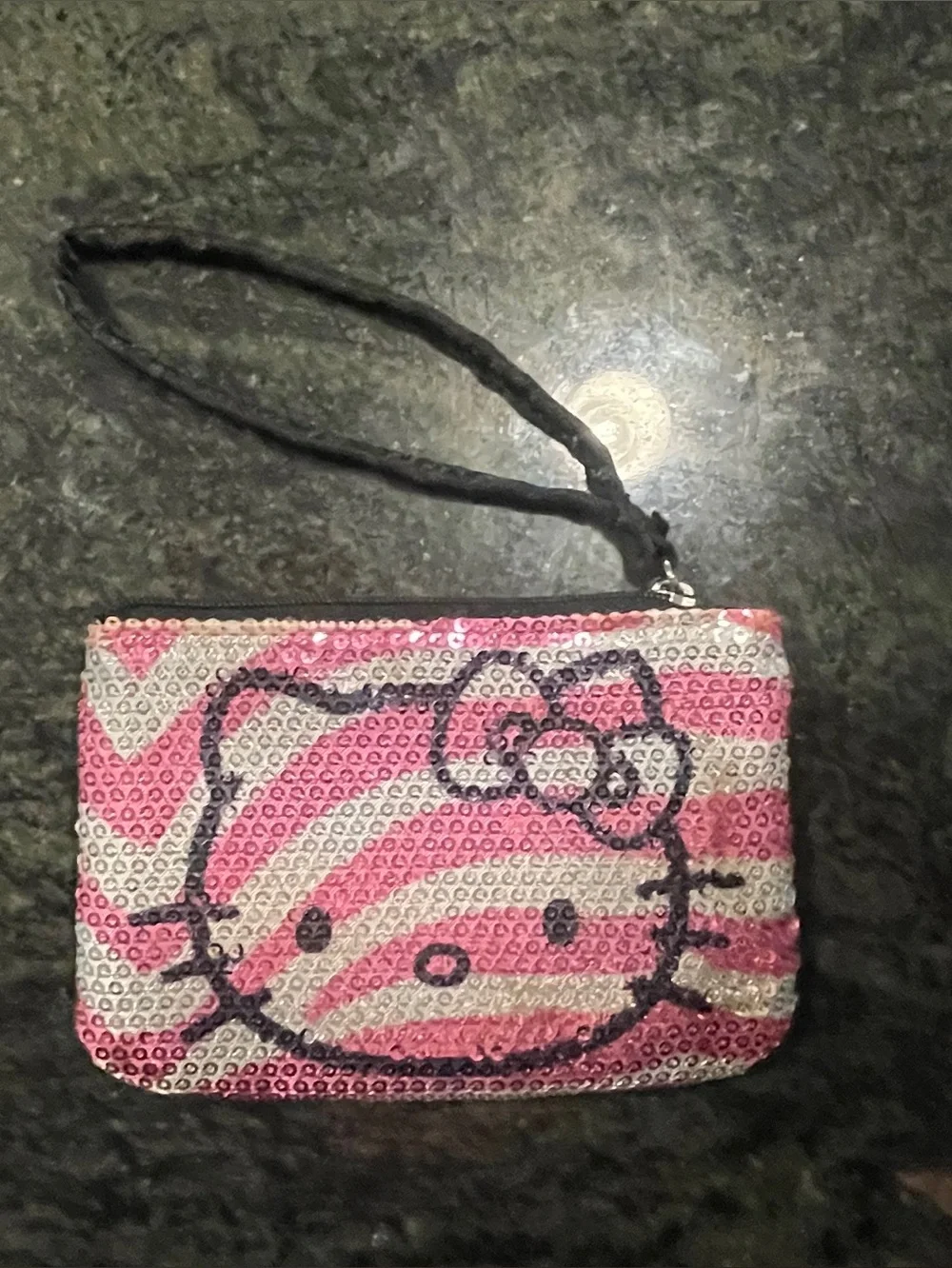 Hello Kitty Pink and Silver Sequin Wristlet Satiny Pouch with Wrist Strap